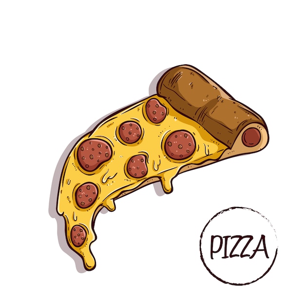 Vecteur délicieuse pizza en tranches avec pepperoni dans un style dessiné à la main ou griffonné