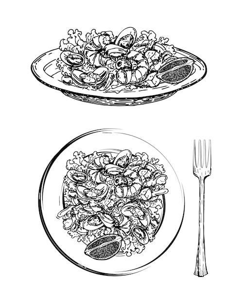 Vecteur délicieuse salade aux fruits de mer et légumes sur plaque croquis dessinés à la main salade césar aux crevettes