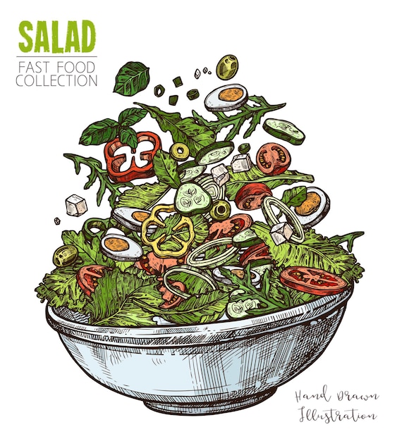 Délicieuse Salade Aux œufs, Fromage Feta Et Légumes. Main Colorée Dessiner Illustration De Plats Sains Frais.