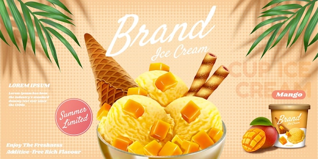 De délicieuses annonces de coupe de glace à la mangue avec un sundae aux fruits et un bâton de chocolat en illustration 3d
