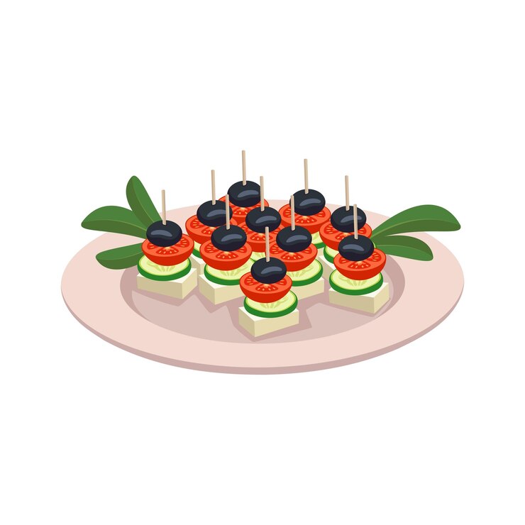 Vecteur de délicieux amuse-gueules avec du fromage, de la tomate, du concombre et des olives. apéritif festif, décoration de fête. collation utile. illustration plate vectorielle