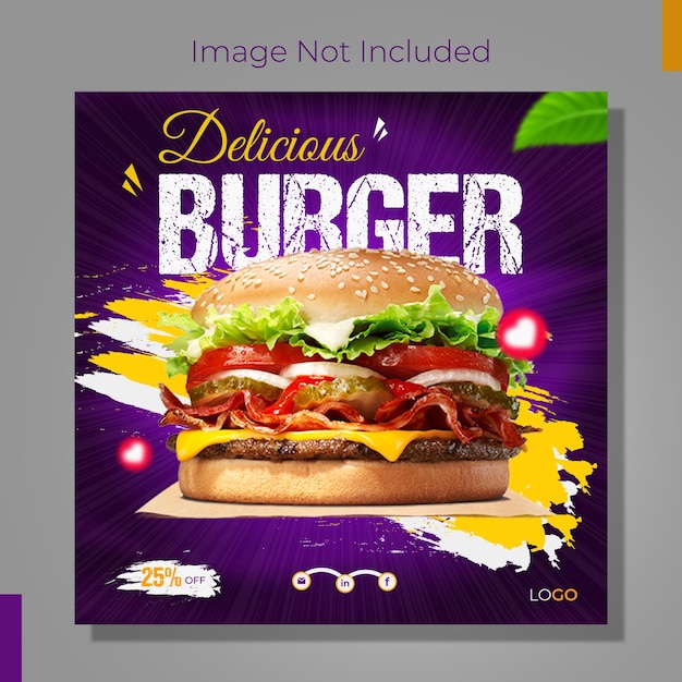 Vecteur délicieux burger food menu conception de publication sur les médias sociaux ou modèle de bannière web instagram de restaurant