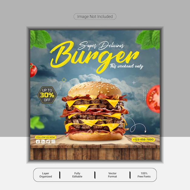 Vecteur délicieux burger et menu alimentaire publication sur les médias sociaux ou modèle de bannière de nourriture carrée modifiable