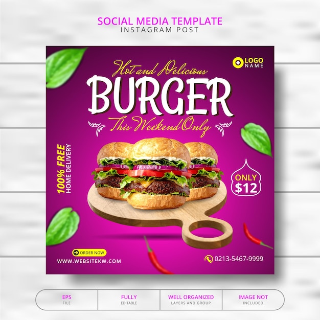 Vecteur délicieux burger et menu spécial food promotion du modèle de publication sur les médias sociaux