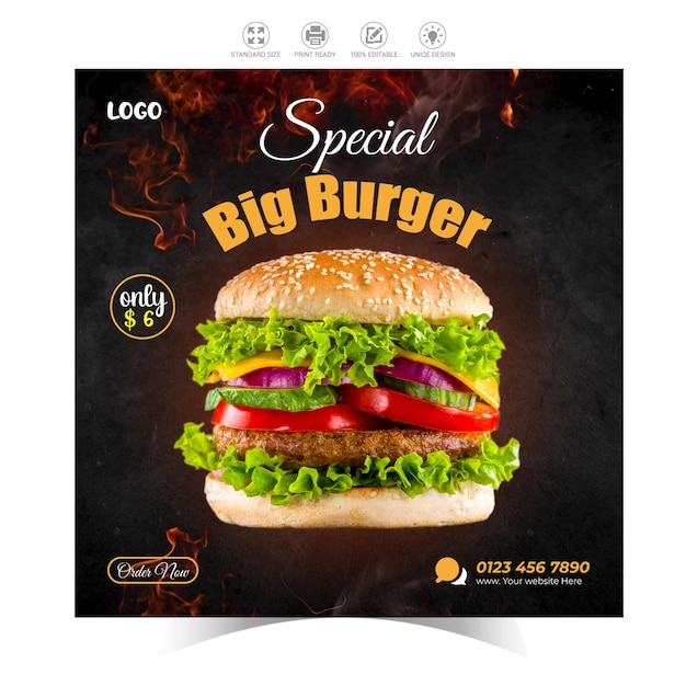 Un délicieux burger, un modèle de bannière sur les réseaux sociaux pour un restaurant