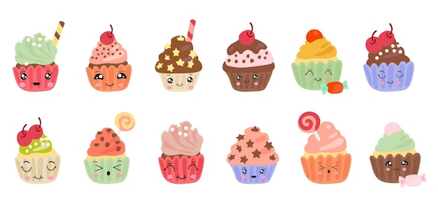 Délicieux Cupcakes Dans Le Style Kawaii Dessert Vector Illustration Design