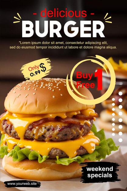 Vecteur délicieux dépliant publicitaire pour hamburger avec bacon et fromage jaune généré par l'ia