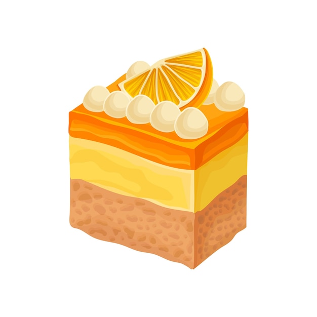 Délicieux dessert à trois couches décoré de boules de chocolat au lait et d'une tranche d'orange Élément vectoriel plat décoratif pour boulangerie