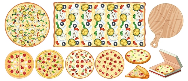 Vecteur délicieux ensemble de pizza italienne isolée en vecteur