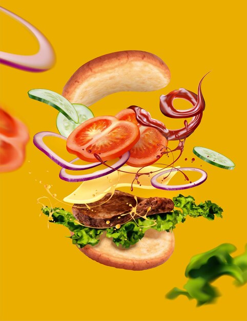 Délicieux hamburger avec ingyellowients volant dans l'air sur fond jaune en illustration 3d