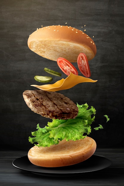Vecteur délicieux hamburger volant dans l'air sur fond de tableau noir en illustration 3d