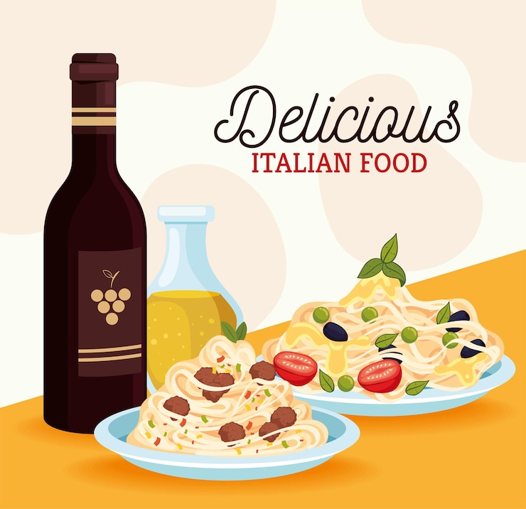 Vecteur délicieux lettrage de cuisine italienne avec des pâtes