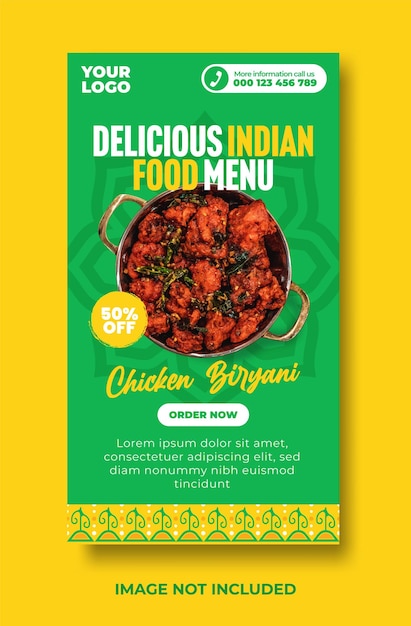 Délicieux menu de cuisine indienne et modèle de conception d'histoires de médias sociaux au poulet biryani
