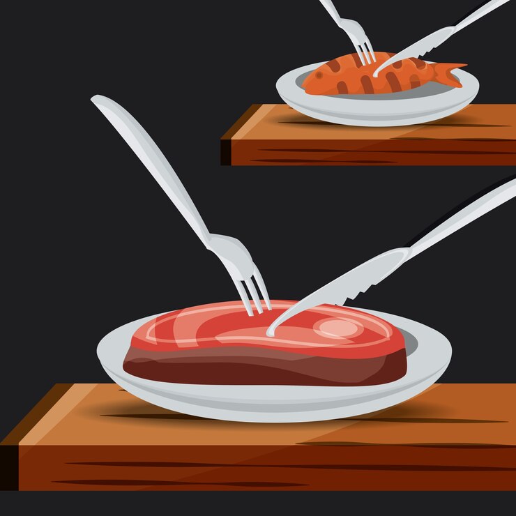 Vecteur délicieux menu de viande et de poisson grillé