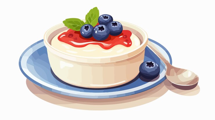 Vecteur délicieux pudding au lait avec de la confiture de fraise sur assiette en céramique