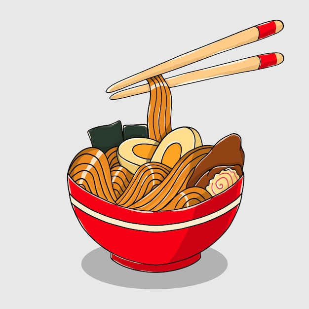 Délicieux ramen de cuisine traditionnelle japonaise savoureuse dessinés à la main avec des baguettes