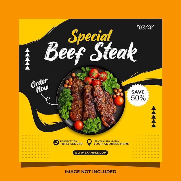 Un délicieux steak de bœuf spécial modèle de vecteur de poste de bannière sur les médias sociaux