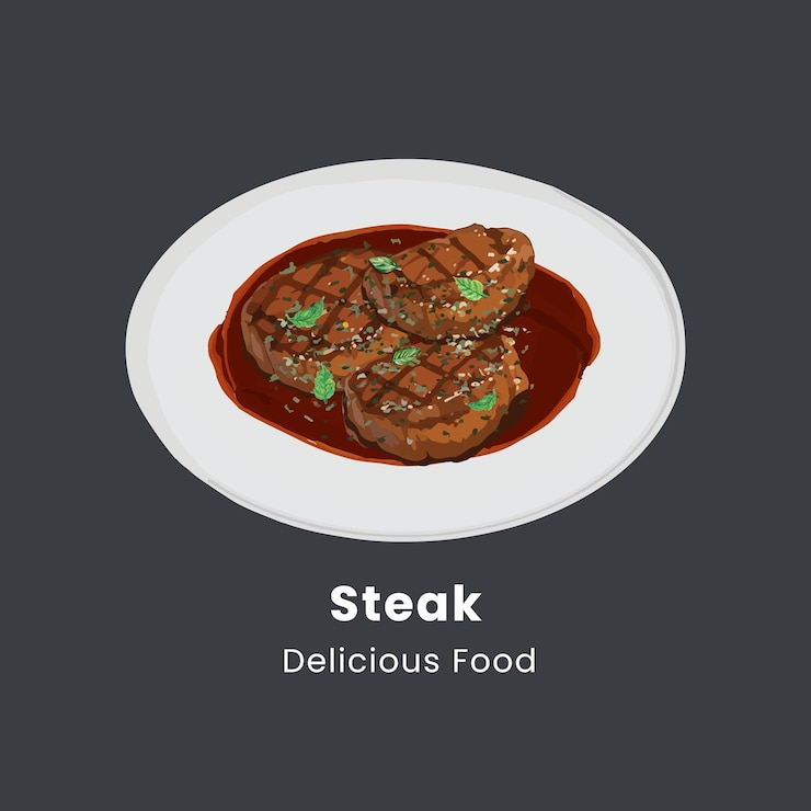 Vecteur un délicieux steak grillé servi sur une assiette blanche avec de la sauce