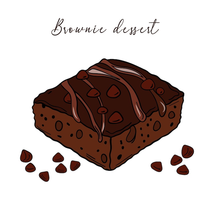 Vecteur delicious brownie dessert pâtisserie avec chocolat dessus et des morceaux de chocolat douces friandises