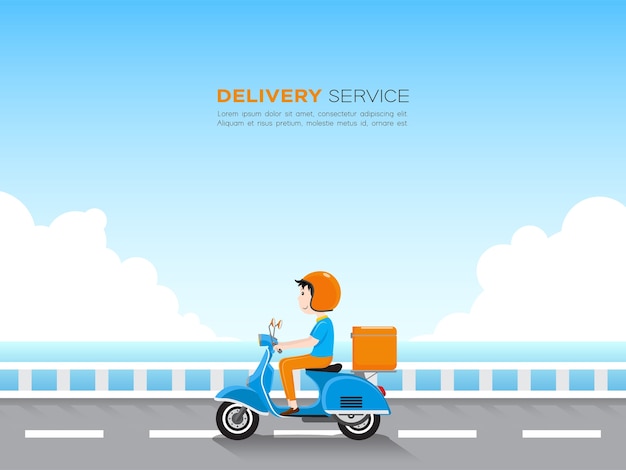 Delivery Man Riding Scooter Avec Boîte De Livraison Sur La Route Par Le Bleu De La Mer Et Du Ciel.