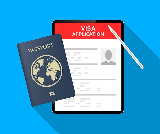 Demande de visa Document de voyage. Passeport avec billets, argent Demande de visa