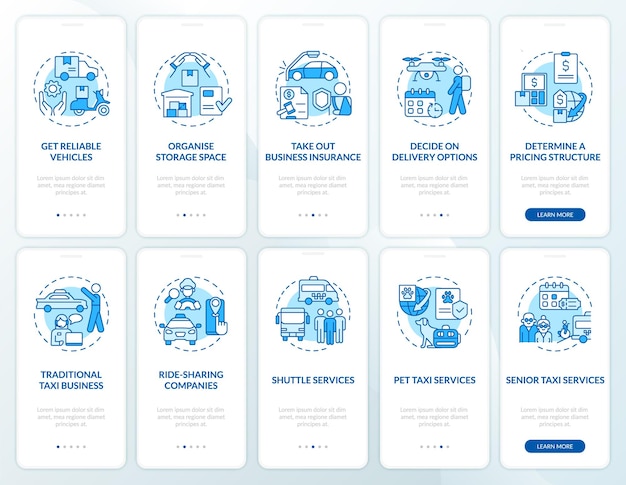 Démarrer l'ensemble d'écrans d'application mobile d'intégration bleu et blanc de l'entreprise de livraison