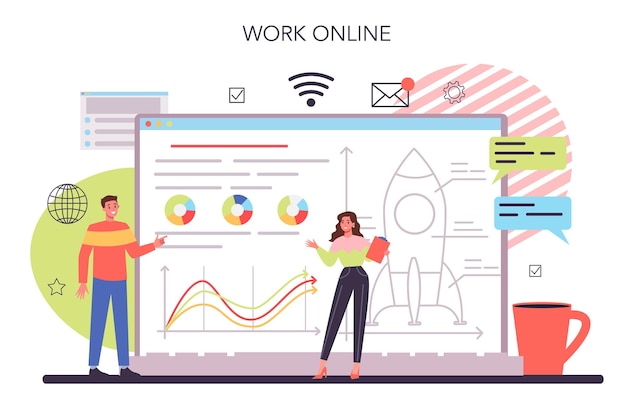 Démarrez l'exécution d'un service ou d'une plate-forme en ligne Lancement d'une nouvelle entreprise Présentation et enregistrement de l'entreprise Travail en ligne Illustration vectorielle isolée
