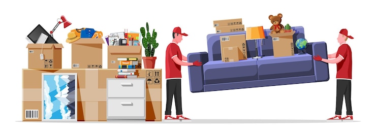 Vecteur déménagement dans une nouvelle maison. la famille a déménagé dans une nouvelle maison. boîtes en carton en papier avec divers objets ménagers. paquet pour le transport. ordinateur, lampe, vêtements, livres. illustration vectorielle dans un style plat