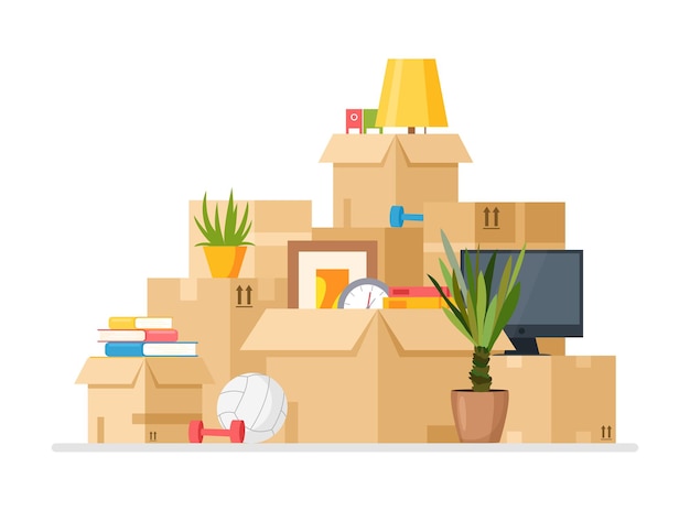 Déménagement à la nouvelle illustration de la maison. Pile de dessin animé de boîtes en carton avec des objets ménagers