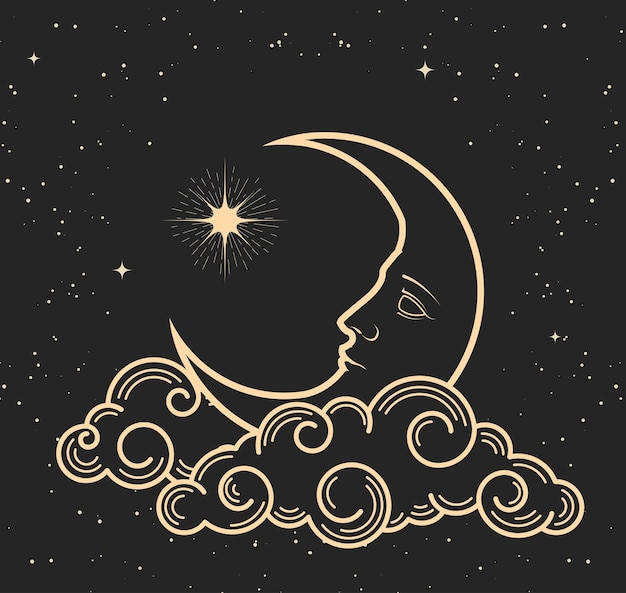 La demi-lune mystique avec le visage dort sur les nuages croissant et guidant l'étoile polaire magie de style tarot