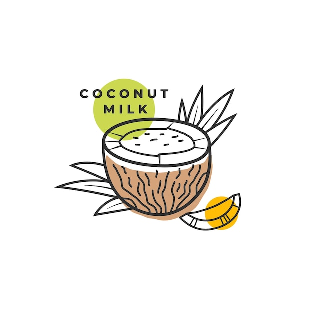 Demi-noix de coco avec feuilles Emblème pour huile de coco ou lait