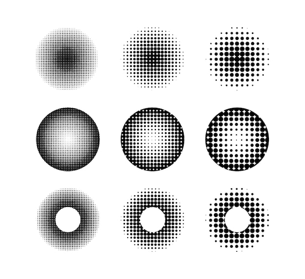 Demi-teinte de cercle Cercles en pointillés abstraits ronds demi-teintes points géométriques gradient et texture pop art Jeu de vecteurs de gradation de pulvérisation de points Illustration dégradé de demi-teintes effet tacheté rond