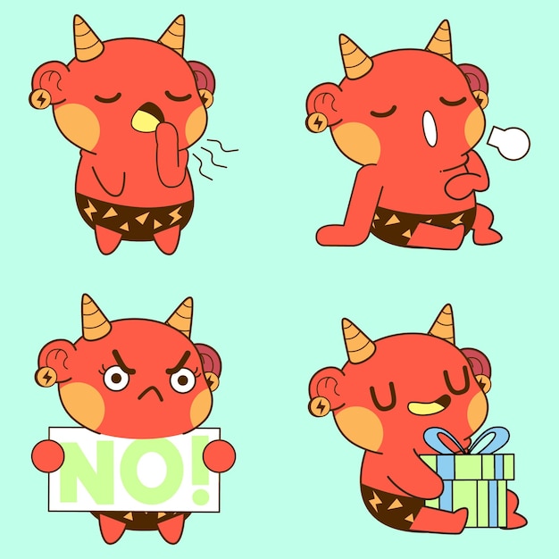 Démon mignon dessinant un ensemble de vecteurs d'autocollants de démon mignon