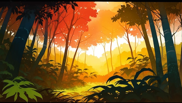 Vecteur dense forêt tropicale paysage naturel à l'aube ou au crépuscule peinture détaillée dessinée à la main illustration