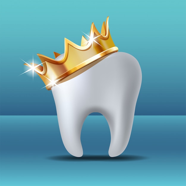 Dent blanche réaliste en couronne dorée. Icône de stomatologie médicale dentaire soins dentaires.