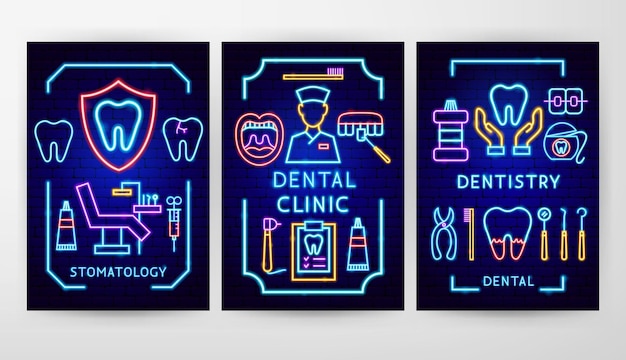 Dental Neon Flyer Concepts Illustration Vectorielle De La Promotion De La Stomatologie