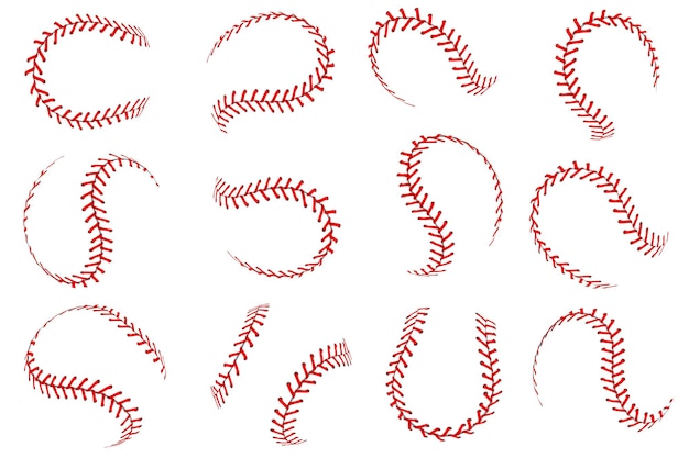 Dentelle de balle de baseball. Des balles de softball réalistes avec des fils rouges cousent des éléments graphiques, des lignes sphériques d'équipement de sport en cuir, un ensemble vectoriel isolé