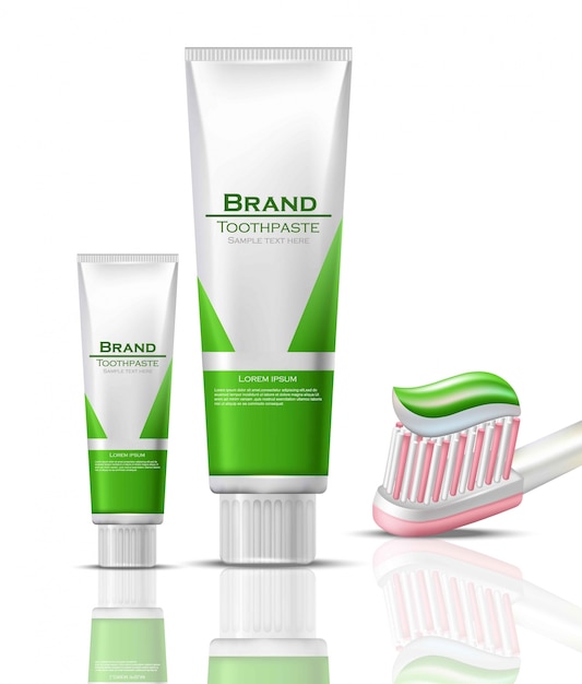 Dentifrice, emballage réaliste maquette. Tubes et brosse pour produits bio vert