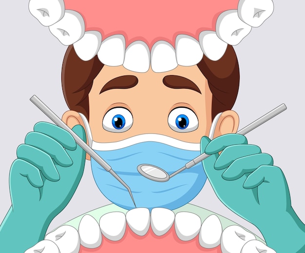 Dentiste De Dessin Animé Vérifier La Dent Dans La Bouche Ouverte Du Patient