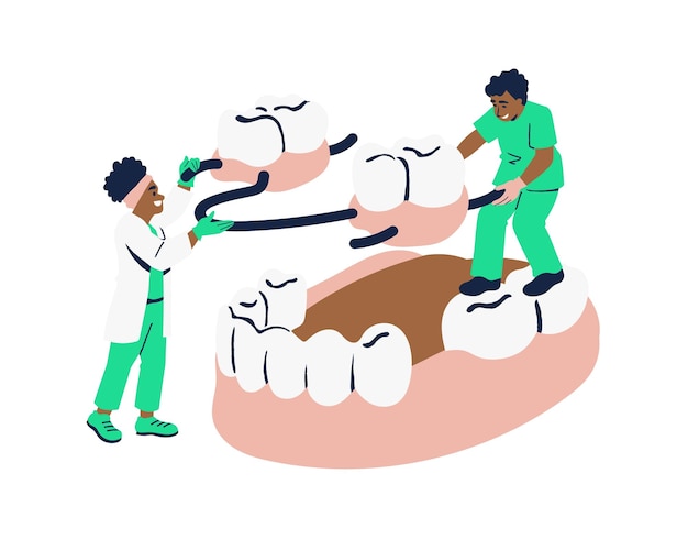 Vecteur dentiste et orthodontiste travaillant avec le concept de dentisterie et d'orthodontie patient illustration vectorielle plate