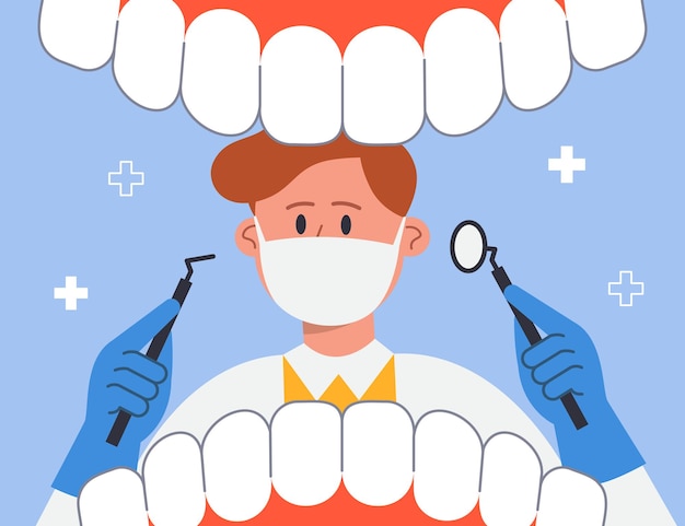 Dentiste portant un masque et tenant des instruments examinant les dents blanches. Les patients dentaires ouvrent la bouche à l'intérieur de l'illustration vectorielle plane. Hygiène buccale, bilan de santé, dentisterie, concept d'examen des dents