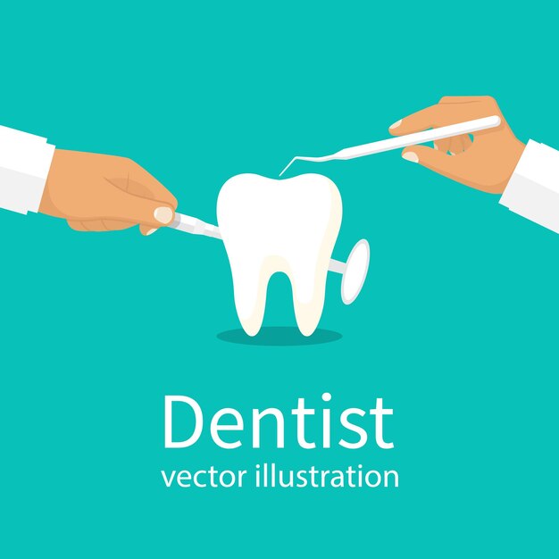 Dentiste Tenant Des Instruments Dans Les Mains De L'examen De L'illustration Vectorielle De La Dent Du Patient Plat De