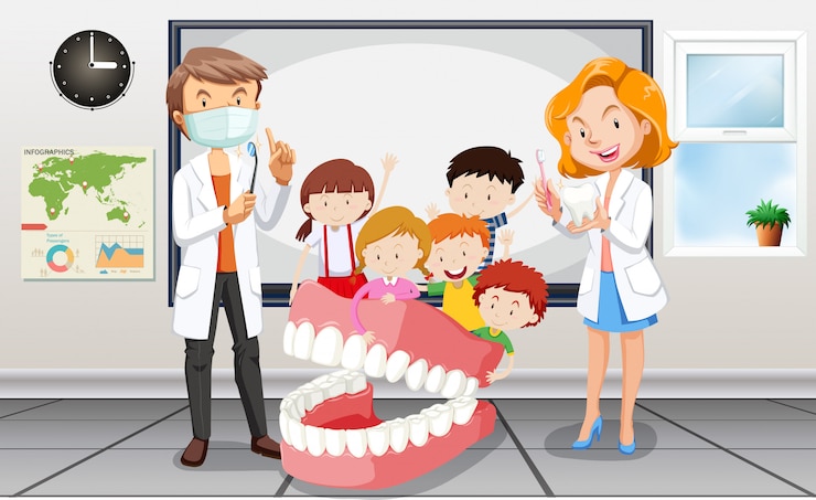Vecteur les dentistes et les enfants dans la salle de classe