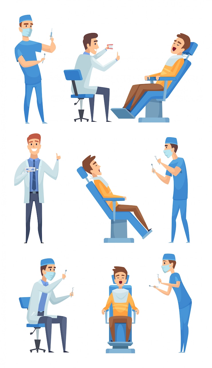Vecteur dentistes trucs médicaux. équipement stomatologique de personnages de soins de santé pour photos de cabinet de diagnostic de bouche de clinique de dentistes