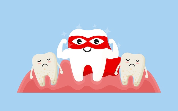 Dents de héros. Super-héros des dents heureux.Concept de soins et d'hygiène des dents. Hygiène bucco-dentaire, nettoyage des dents., Illustration,