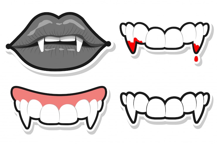 Vecteur dents et lèvres de vampire pour halloween. jeu de dessin animé de vecteur isolé