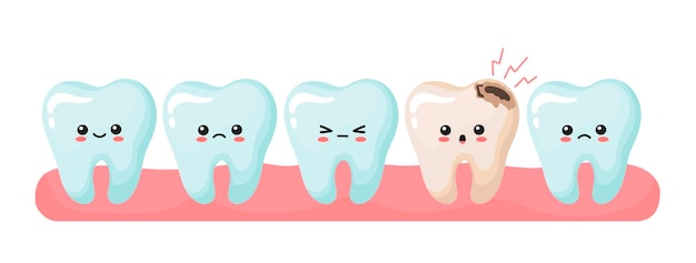 Dents Saines Et Malades Dans La Gencive. Jolies Dents Kawaii. Illustration Vectorielle En Style Cartoon.