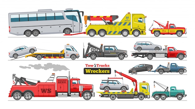 Dépanneuse, Remorquage, Voiture, Camionnage, Véhicule, Transport Bus, Remorquage, Aide, Sur, Route, Illustration, Ensemble, De, Remorqué, Transport Auto, Isolé, Blanc, Fond