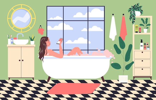 Dépendance Au Martphone. Jeune Femme Passe Du Temps à Surfer Sur Internet Allongé Dans La Baignoire. Fille Prenant Un Bain Dans La Baignoire Avec Un Téléphone Portable à La Main. Illustration