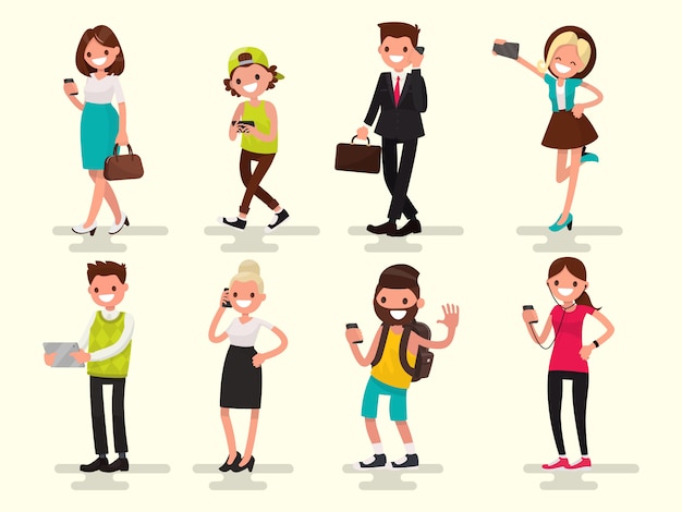 Dépendance mobile. Les gens avec leur illustration de gadgets